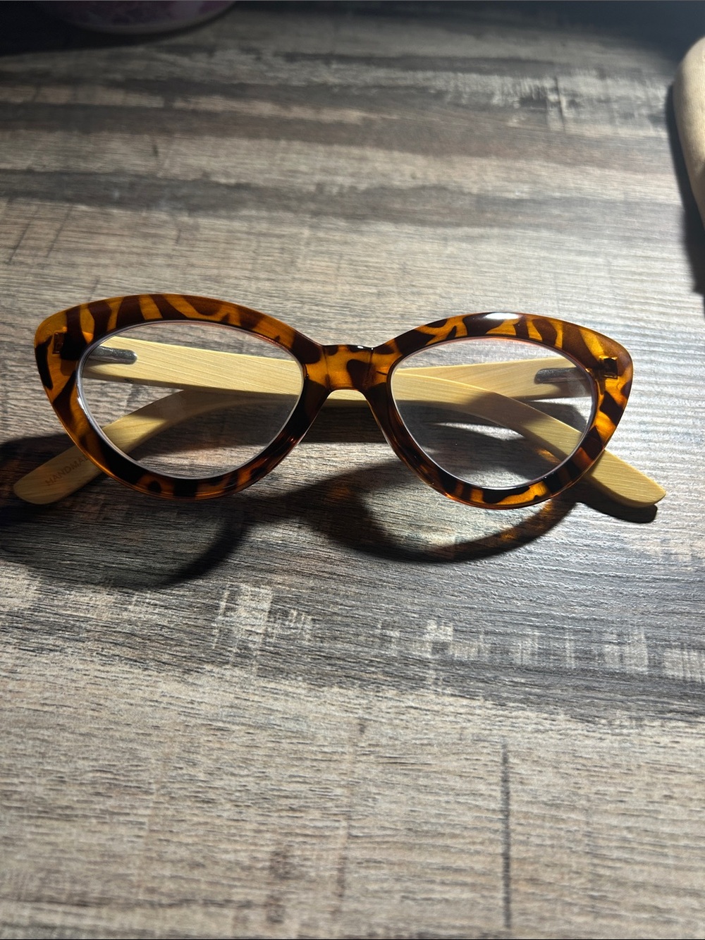Narrow Tortoiseshell Cat Eye Readers with Bamboo Temples